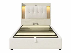 Merax Cama tapizada con almacenaje - 90 x 200 cm - con USB + LED + cabecero con almacenaje - lino - Beige Outlet