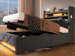 ModernLuxe Cama tapizada con almacenaje 90x200 cm - con LED y puertos de carga USB - Tela de lino - Cabecero con espacio de almacenamiento - Gris Clearance
