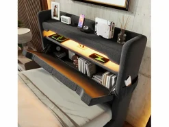 ModernLuxe Cama tapizada con almacenaje 90x200 cm - con LED y puertos de carga USB - Tela de lino - Cabecero con espacio de almacenamiento - Gris Clearance