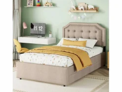 Cama tapizada de 90 x 200 cm, tapizada en tejido de lino con remaches decorativos, 2 cajones y somier, oscuro^Merax New