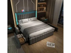 Cama tapizada para adultos con cargador USB tipo C + iluminación LED + 4 cajones, cama de almacenamiento doble 160x200 cm, (sin colchón).^KOMHTOM Online