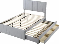 OKWISH Cama Nido|Cama tapizada 140x200 cm con nido y cajones, tapizado de lino suave -