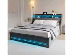 Cama Con Canapé|Cama Con Almacenaje|Cama tapizada 140x190cm con compartimento hidráulico - iluminación LED y puerto USB - lino -