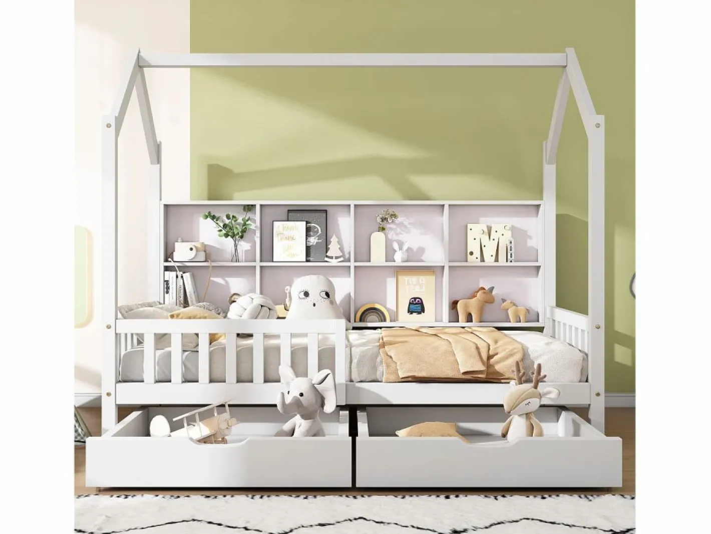 ModernLuxe Cama Montessori|Cama tipo cabina de madera maciza - con estantes y 2 cajones - 90x200cm -