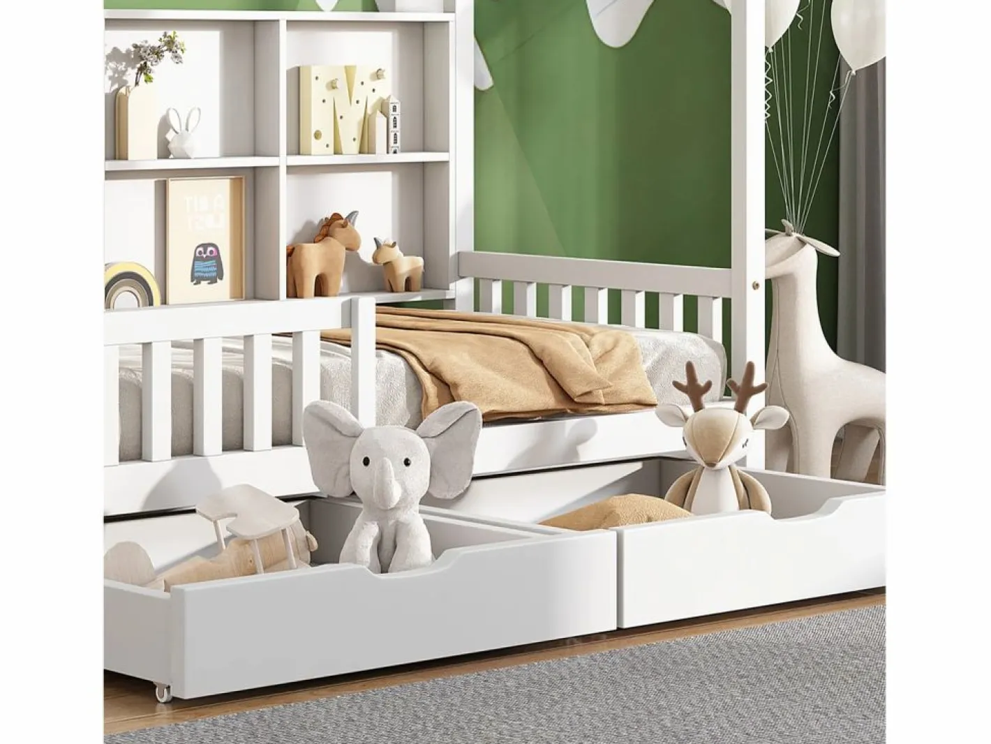 ModernLuxe Cama Montessori|Cama tipo cabina de madera maciza - con estantes y 2 cajones - 90x200cm -