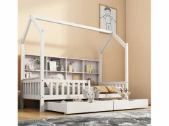 ModernLuxe Cama Montessori|Cama tipo cabina de madera maciza - con estantes y 2 cajones - 90x200cm -