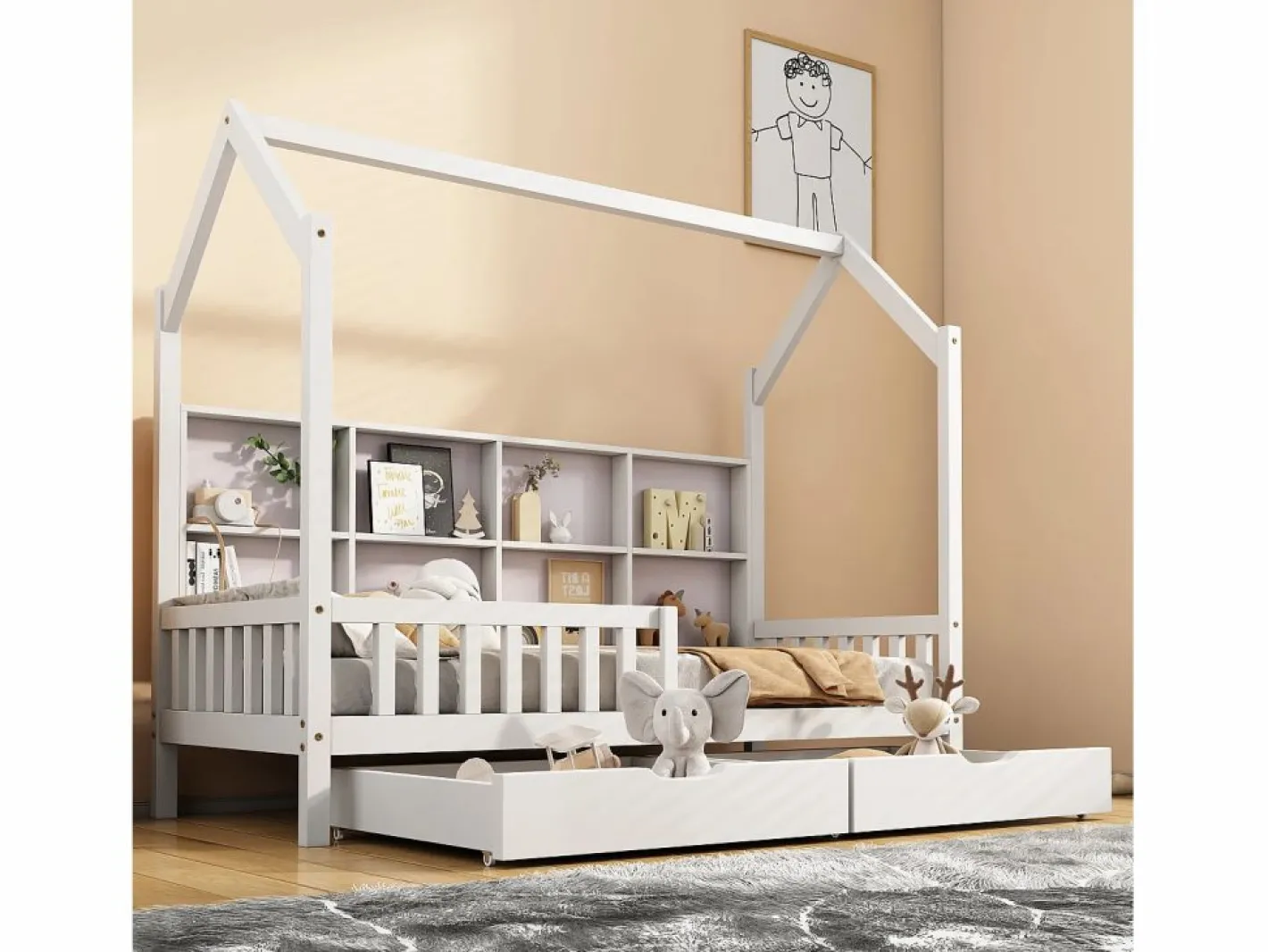 ModernLuxe Cama Montessori|Cama tipo cabina de madera maciza - con estantes y 2 cajones - 90x200cm -