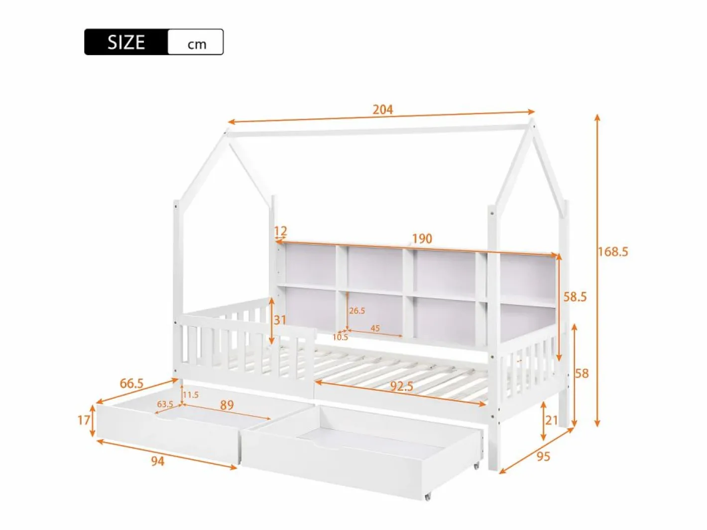 ModernLuxe Cama Montessori|Cama tipo cabina de madera maciza - con estantes y 2 cajones - 90x200cm -