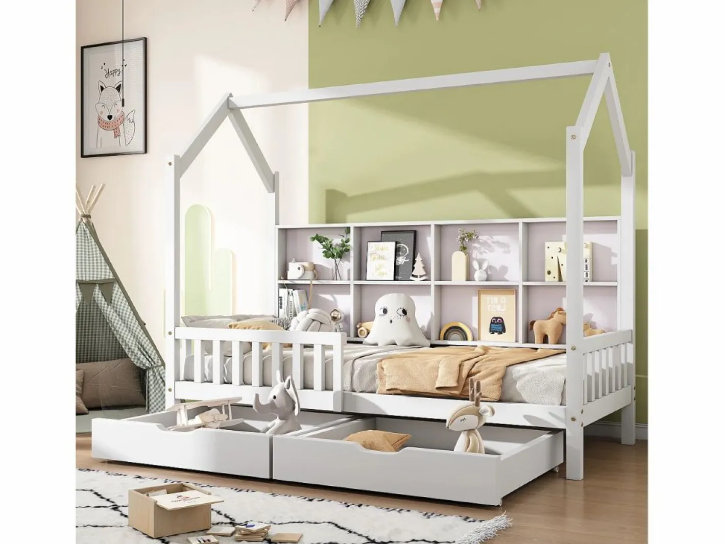ModernLuxe Cama Montessori|Cama tipo cabina de madera maciza - con estantes y 2 cajones - 90x200cm -