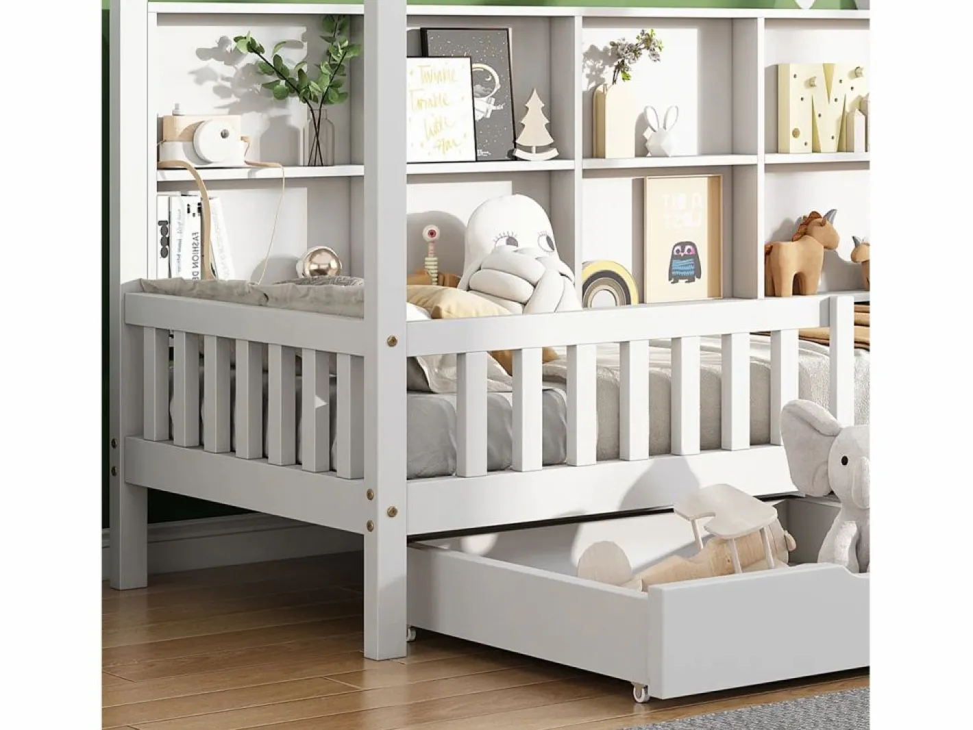 ModernLuxe Cama Montessori|Cama tipo cabina de madera maciza - con estantes y 2 cajones - 90x200cm -