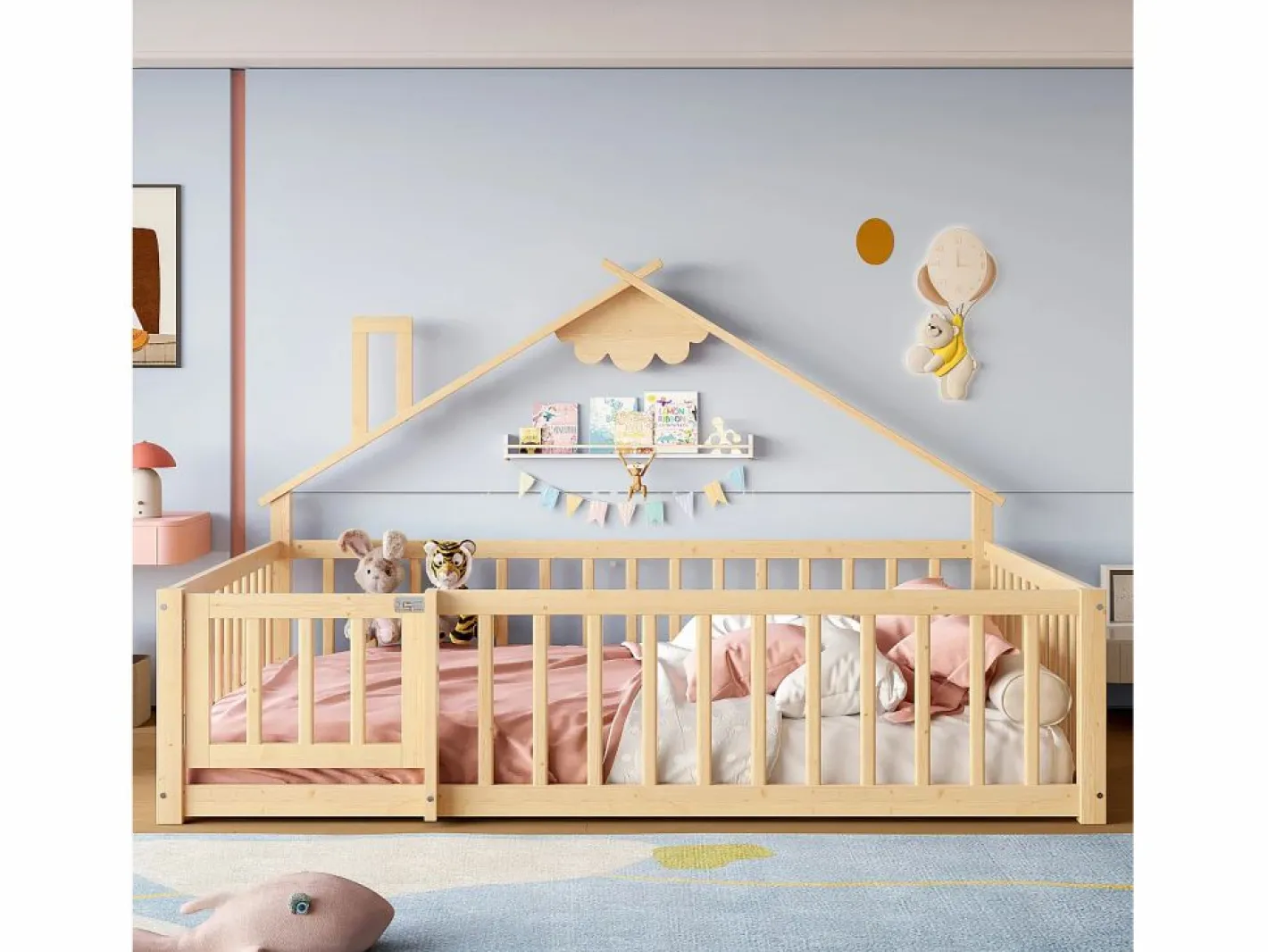 Cama tipo casita infantil 140x190cm - con barreras de seguridad - madera maciza - natural (sin colchón)^ModernLuxe Clearance