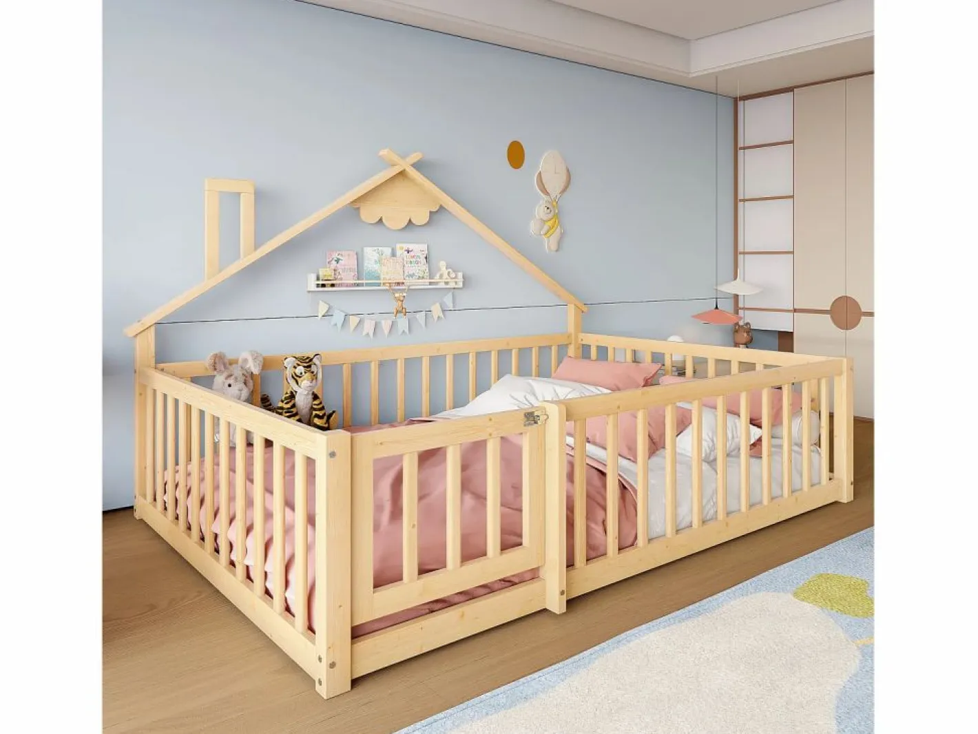 Cama tipo casita infantil 140x190cm - con barreras de seguridad - madera maciza - natural (sin colchón)^ModernLuxe Clearance