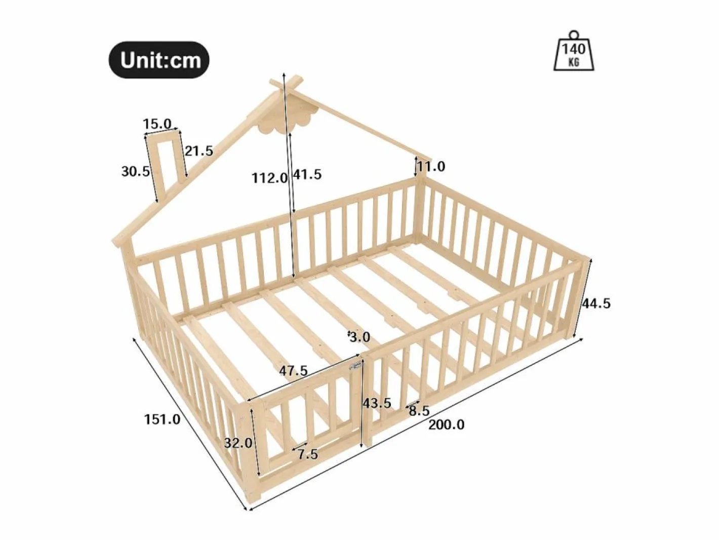 Cama tipo casita infantil 140x190cm - con barreras de seguridad - madera maciza - natural (sin colchón)^ModernLuxe Clearance