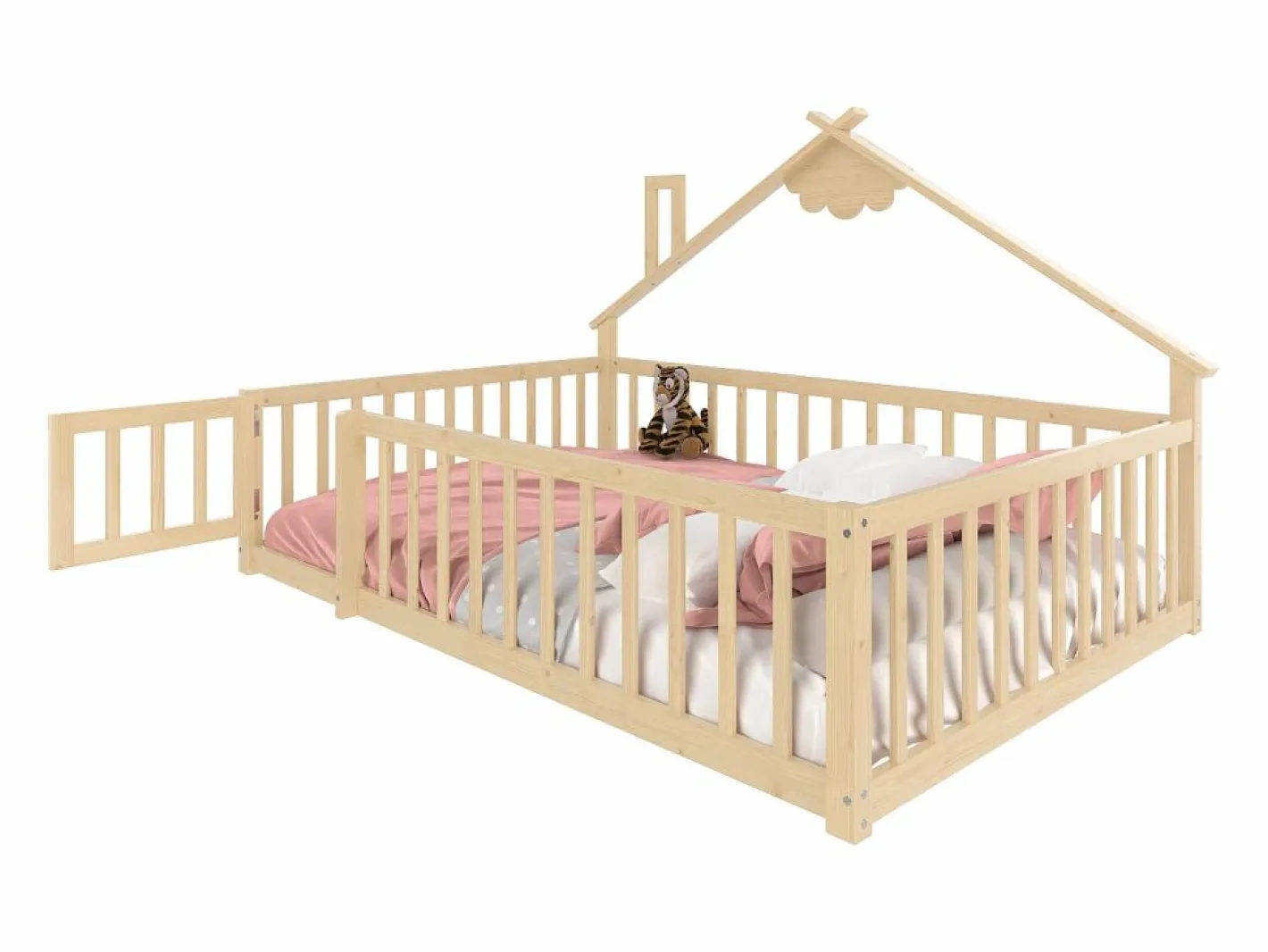 Cama tipo casita infantil 140x190cm - con barreras de seguridad - madera maciza - natural (sin colchón)^ModernLuxe Clearance