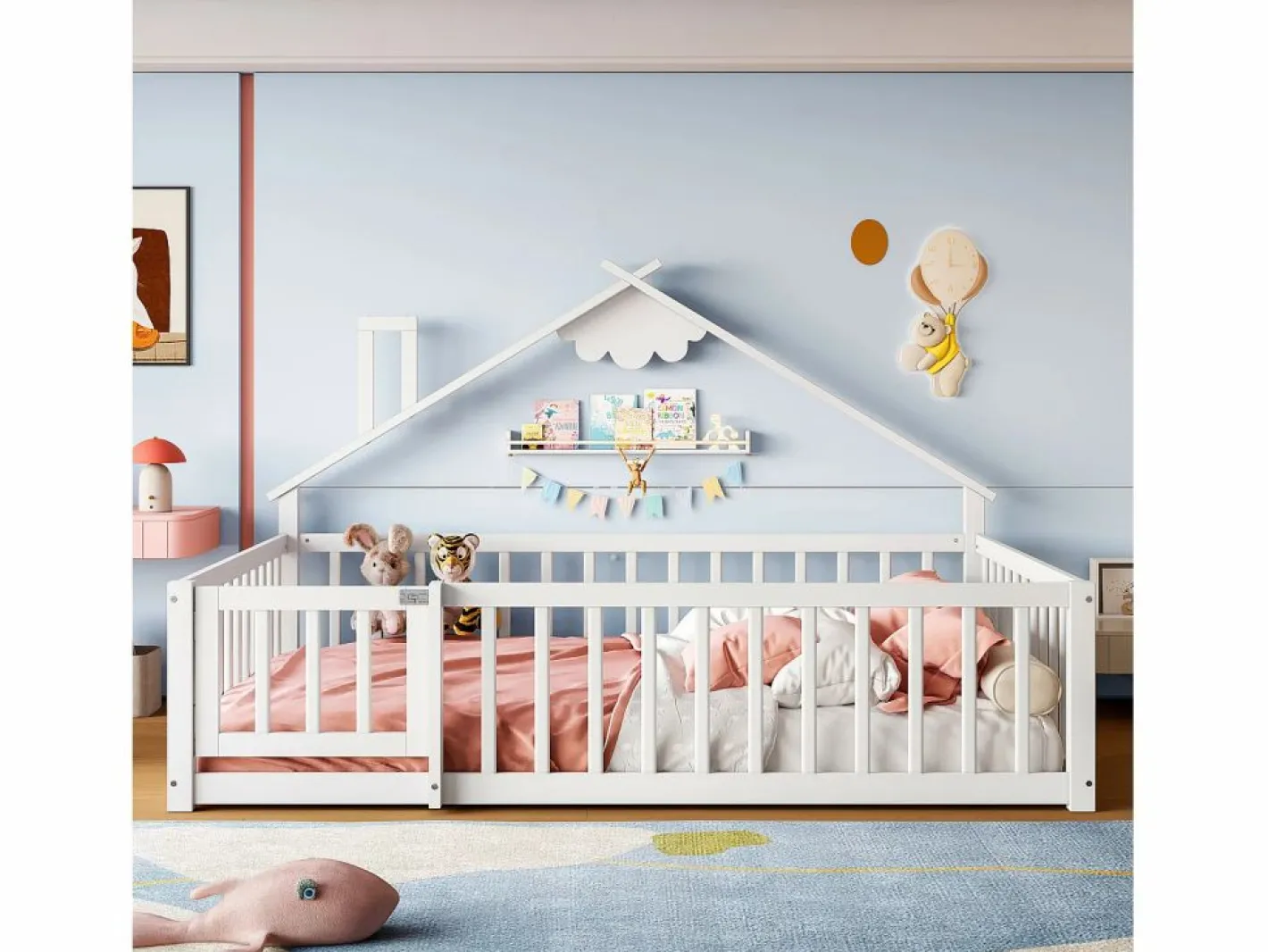 ModernLuxe Cama Montessori|Cama tipo casita infantil 140x190cm - con barreras de seguridad - madera maciza - blanca (sin colchón)