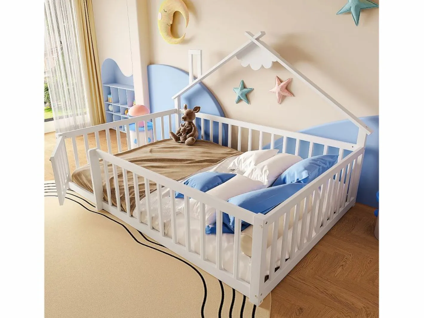 ModernLuxe Cama Montessori|Cama tipo casita infantil 140x190cm - con barreras de seguridad - madera maciza - blanca (sin colchón)