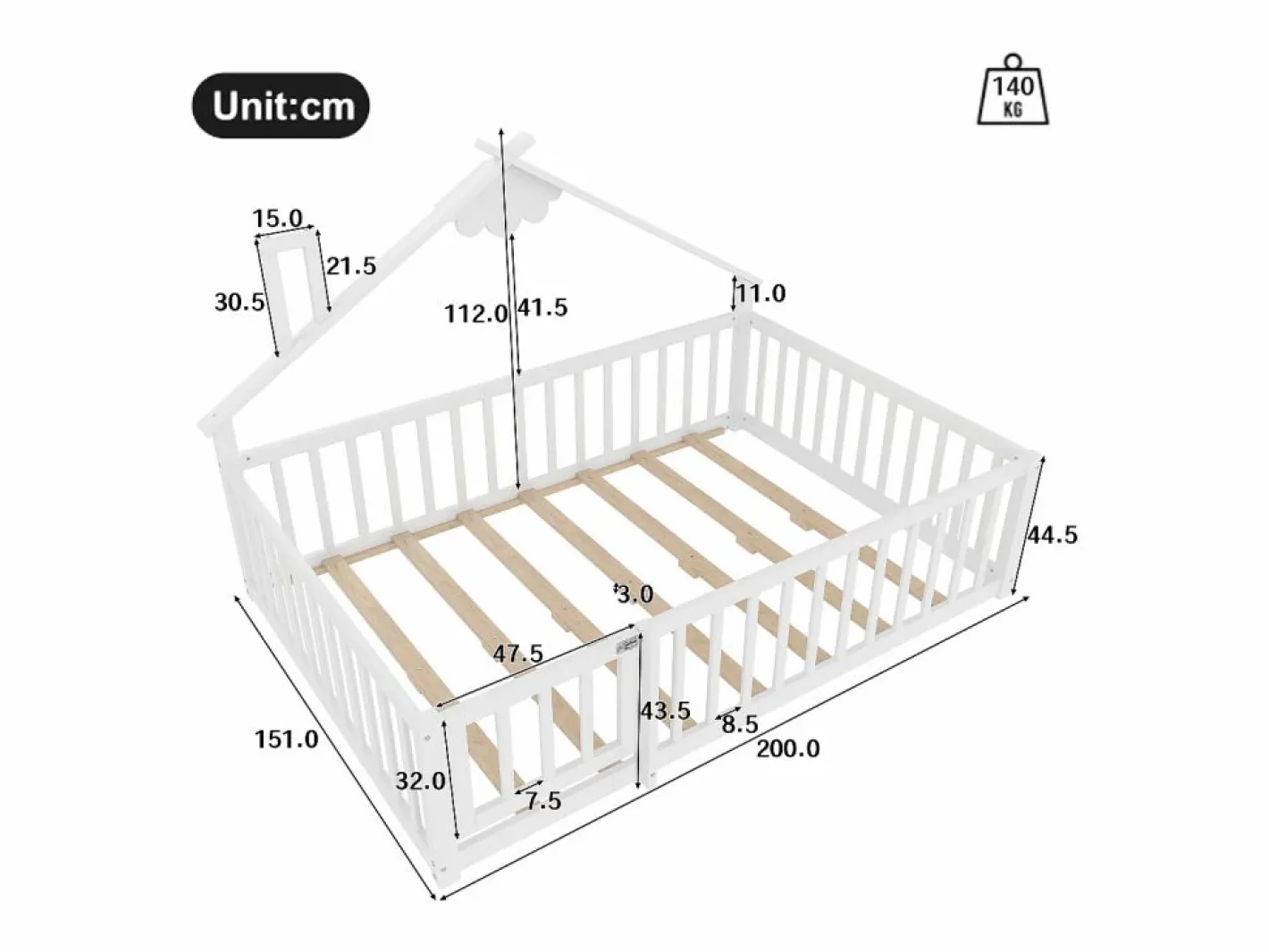 ModernLuxe Cama Montessori|Cama tipo casita infantil 140x190cm - con barreras de seguridad - madera maciza - blanca (sin colchón)