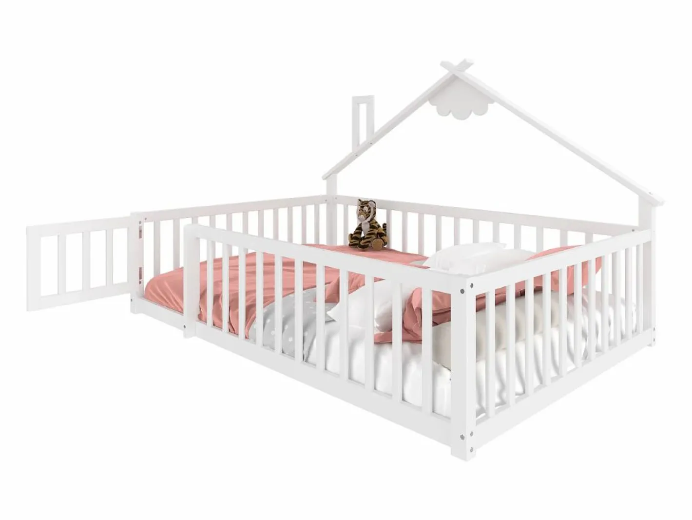 ModernLuxe Cama Montessori|Cama tipo casita infantil 140x190cm - con barreras de seguridad - madera maciza - blanca (sin colchón)
