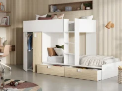 Vente-unique Cama tren armario e 2 x 90 x 190 cm blanco y natural JUANITO Color natural claro / Blanco Best