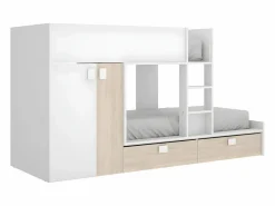 Vente-unique Cama tren armario e 2 x 90 x 190 cm blanco y natural JUANITO Color natural claro / Blanco Best