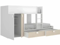 Cama tren con armario e 2 x 90 x 190 cm blanco y natural con colchón JUANITO^Vente-unique Discount