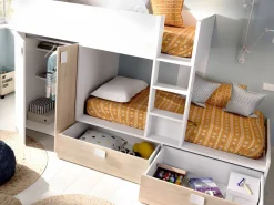 Cama tren con armario e 2 x 90 x 190 cm blanco y natural con colchón JUANITO^Vente-unique Discount