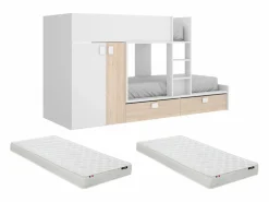 Cama tren con armario e 2 x 90 x 190 cm blanco y natural con colchón JUANITO^Vente-unique Discount