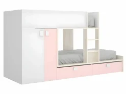 Vente-unique Cama Litera|Cama tren con armario e 2 x 90 x 190 cm blanco natural y rosa con colchón JUANITO