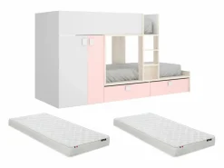 Vente-unique Cama Litera|Cama tren con armario e 2 x 90 x 190 cm blanco natural y rosa con colchón JUANITO