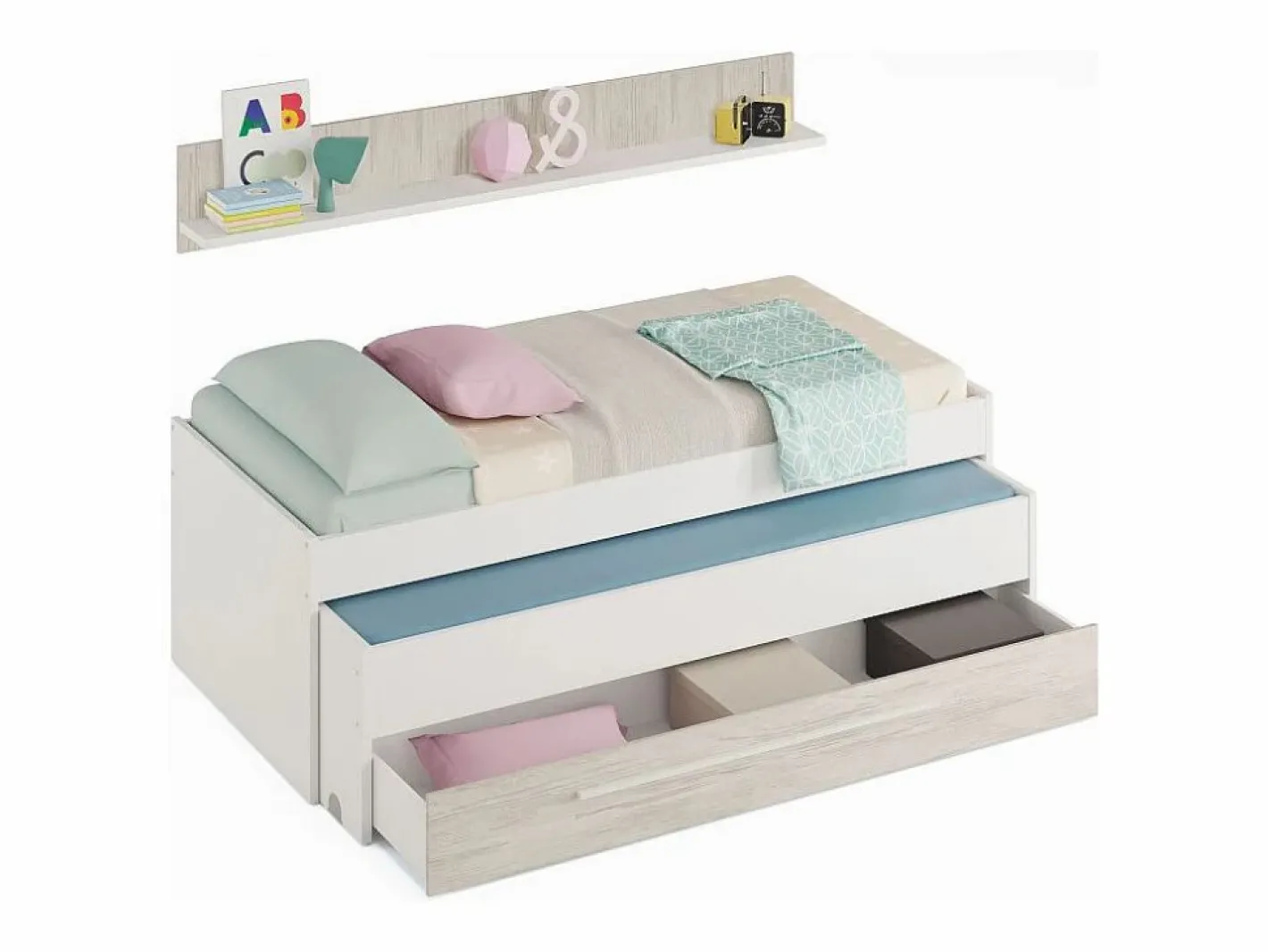 Cama Nido|Cama y estante aglomerado + somieres 65x199x96cm