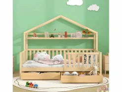ModernLuxe Cama-cabina de madera maciza - 90x200cm - con 2 cajones y estantes - Natural Color natural claro Best