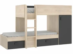 Vente-unique Camas tren modulares rinconeras compartimentos y colchón 2x90x190 cm roble y antracita RICARDO Gris antracita / Color natural claro