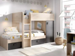 Camas tren modulares rinconeras con compartimentos 2x90x190 cm. roble y antracita. RICARDO^Vente-unique Discount