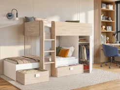 Camas tren modulares rinconeras con compartimentos 2x90x190 cm. roble y blanco. RICARDO^Vente-unique Sale