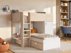 Camas tren modulares rinconeras con compartimentos 2x90x190 cm. roble y blanco. RICARDO^Vente-unique Sale