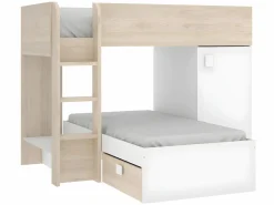 Vente-unique Camas tren modulares rinconeras compartimentos y colchón 2x90x190 cm roble y blanco. RICARDO Color natural claro / Blanco