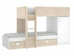 Vente-unique Camas tren modulares rinconeras compartimentos y colchón 2x90x190 cm roble y blanco. RICARDO Color natural claro / Blanco