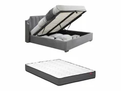 Vente-unique Cama Terciopelo|Canapé abatible 180 x 200 cm con cabecero curvado - Terciopelo - Gris + Colchón - TEOMIS