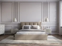 Vente-unique Canapé abatible 140 x 190 cm con cabecero con costuras verticales tela taupe - KILACLO Topo Best