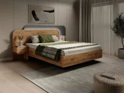 Vente-unique Cama Con Canapé|Canapé abatible con mesitas de noche 160 x 200 cm y LEDs en color natural y antracita - DESADO