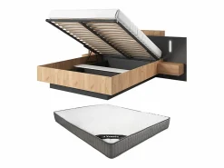 Vente-unique Canapé abatible con mesitas de noche queen size 160 x 200 cm con LEDs natural y antracita + colchón - FRANCOLI Gris antracita / Color natural claro Sale