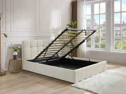 Canapé abatible de 140 x 190 cm de tela bouclé blanca + colchón - MAZIRI^Vente-unique