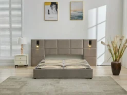 Vente-unique Cama Terciopelo|Canapé abatible de 160 x 200 cm con cabecero y lámpara integrada en terciopelo - SARETO