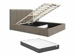 Vente-unique Canapé abatible de 160 x 200 cm con cabecero con costuras verticales tela taupe + colchón - KILACLO Topo Clearance