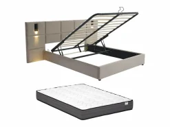 Vente-unique Cama Terciopelo|Canapé abatible de 160 x 200 cm con cabecero y lámpara de terciopelo + colchón - SARETO