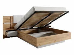 Vente-unique Canapé abatible y mesitas de noche 160 x 200 cm natural y blanco con LEDs - ELYNIA Color natural claro / Blanco Hot