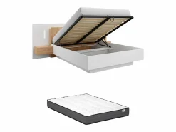 Vente-unique Cama Con Canapé|Cama Con Almacenaje|Canapé abatible y mesitas de noche 160 x 200 cm con luces LEDs blanco y natural + colchón - FRANCOLI