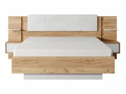 Vente-unique Canapé abatible y mesitas de noche 160 x 200 cm natural y blanco con LEDs + colchón - ELYNIA Color natural claro / Blanco Clearance