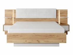Vente-unique Canapé abatible y mesitas de noche 160 x 200 cm natural y blanco con LEDs + colchón - ELYNIA Color natural claro / Blanco Clearance