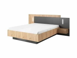 Vente-unique Cama Con Canapé|Cama Con Almacenaje|Canapé abatible y mesitas de noche 160 x 200 cm con LEDs natural y antracita + colchón - FRANCOLI